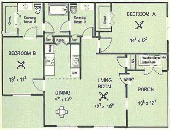 Floor plan for 2 beds, 1.5 baths, 1079 sqft